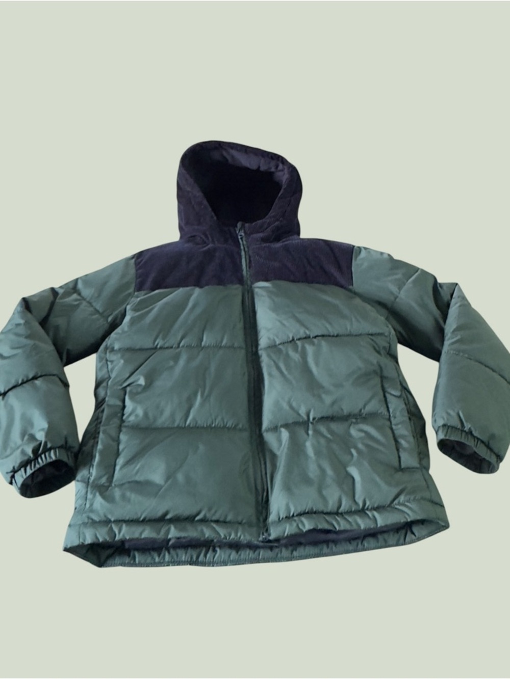 Old Navy Green Puffer Jacket with Navy Corduroy Yoke and Hood Boys XL 14-16 - Picture 4 of 11